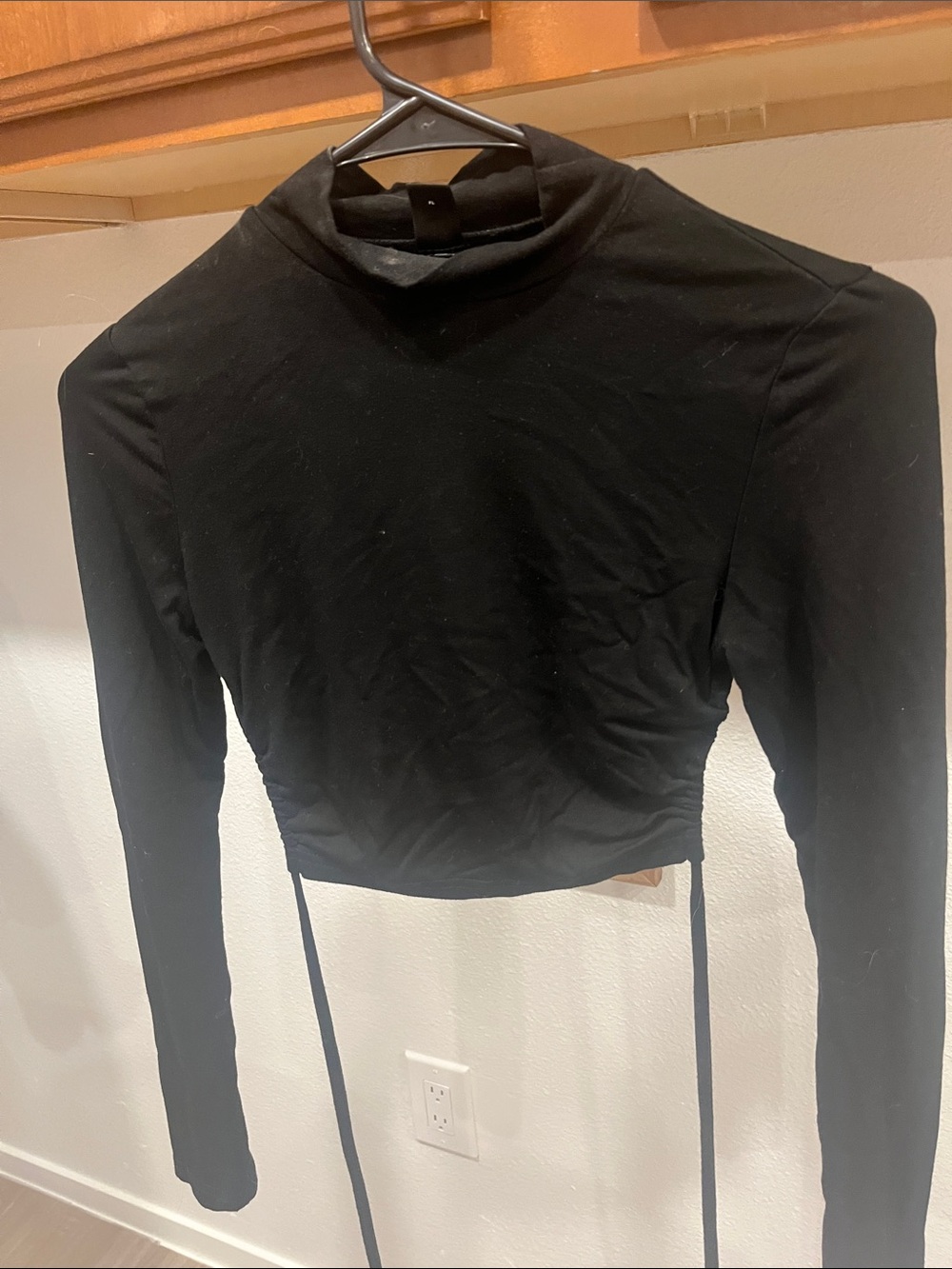 Women's Black Long-Sleeve Cropped Top with Mock Neck and open back